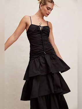 Free People Elliatt aspen ruched fitted drop waist tiered maxi dress black M NWT